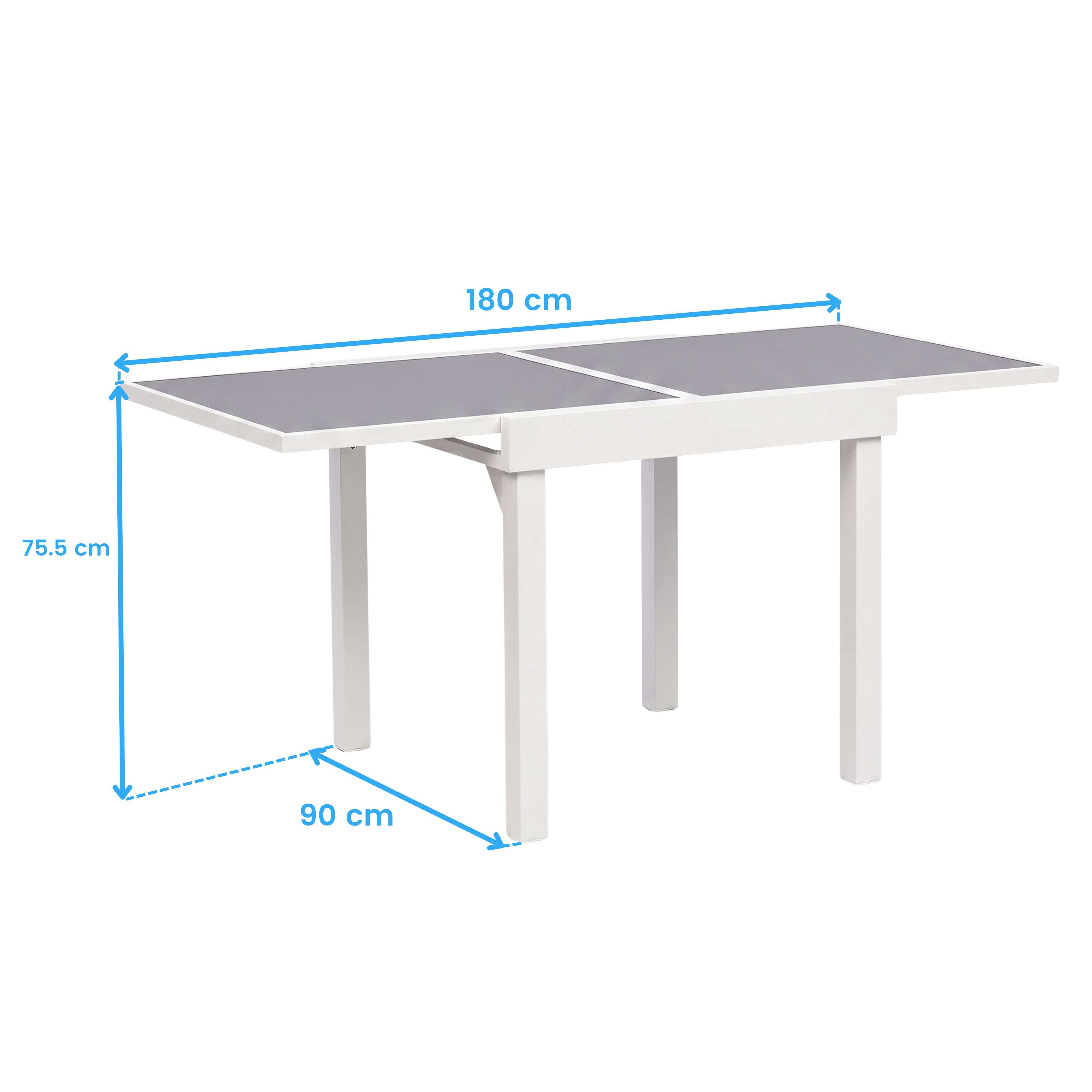 Mesa extensible blanca con tablero gris, 180x90x75,5 cm.