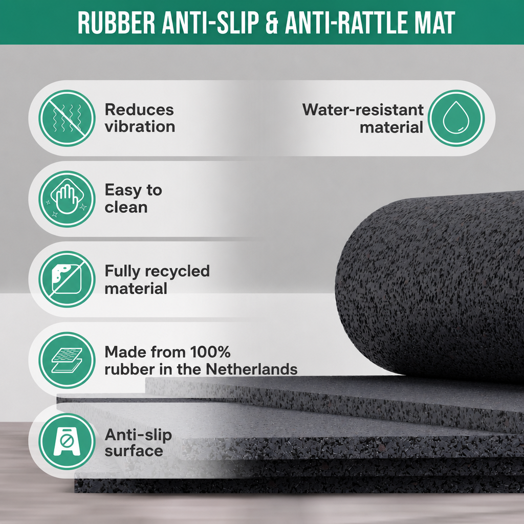 Rubberen mat: trillingen dempen, makkelijk schoon, gerecycled, waterbestendig.