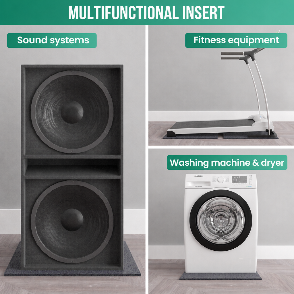 Een grote zwarte luidspreker, een loopband en een witte wasmachine.