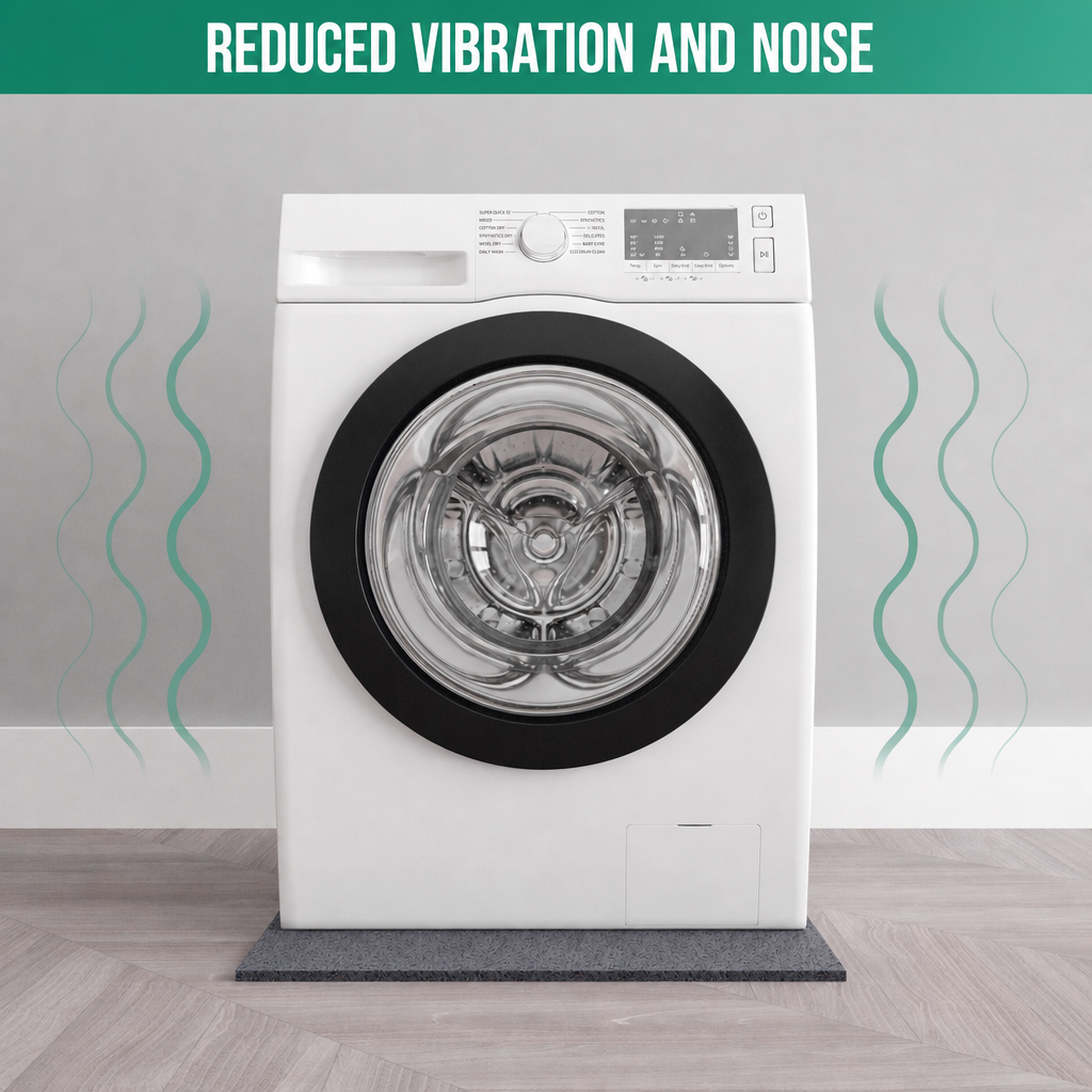 Een witte wasmachine staat op een grijze mat met groene golvende lijnen.