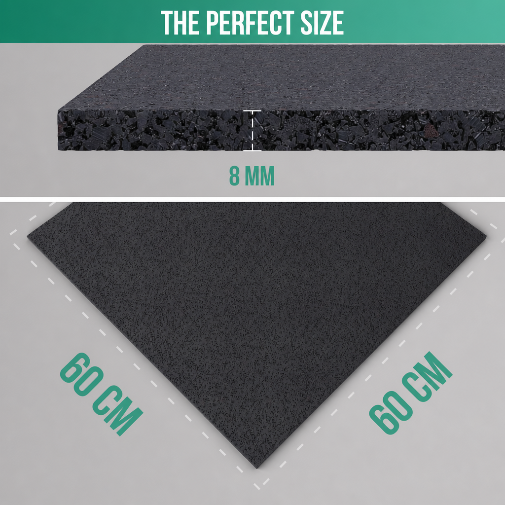 Zwarte mat, 8 mm dik en 60x60 cm, met tekst 'THE PERFECT SIZE'.
