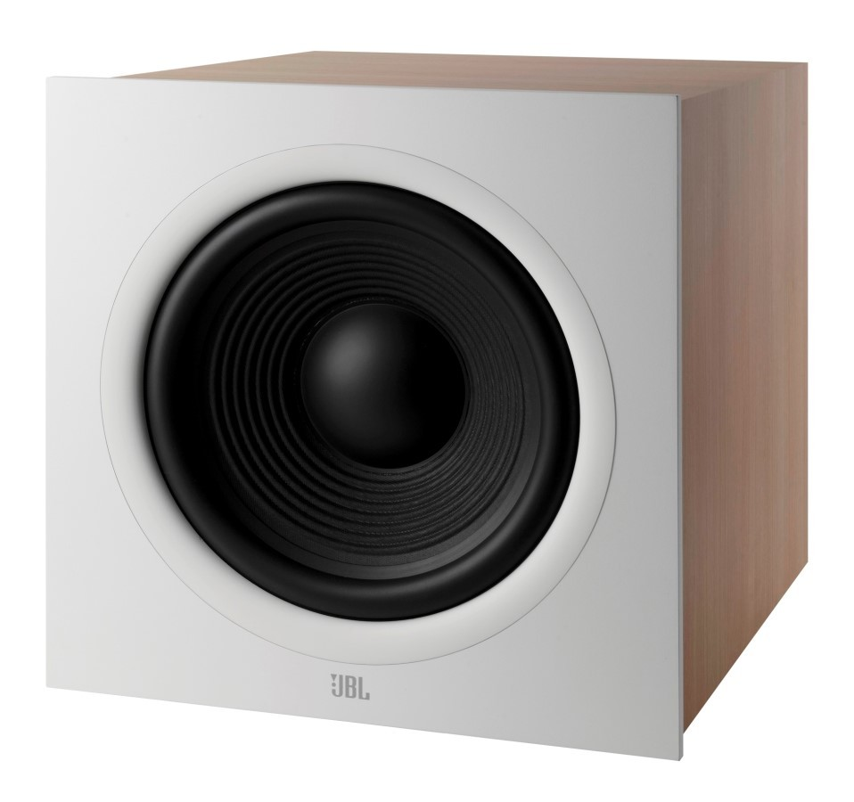 Biały subwoofer z czarnym głośnikiem i drewnianą obudową.