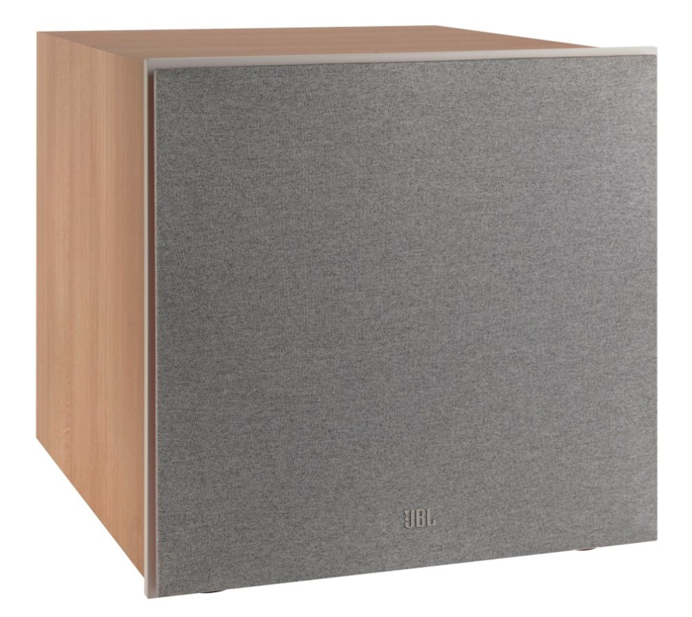 Drewniany głośnik z szarą materiałową przednią częścią i logo JBL.