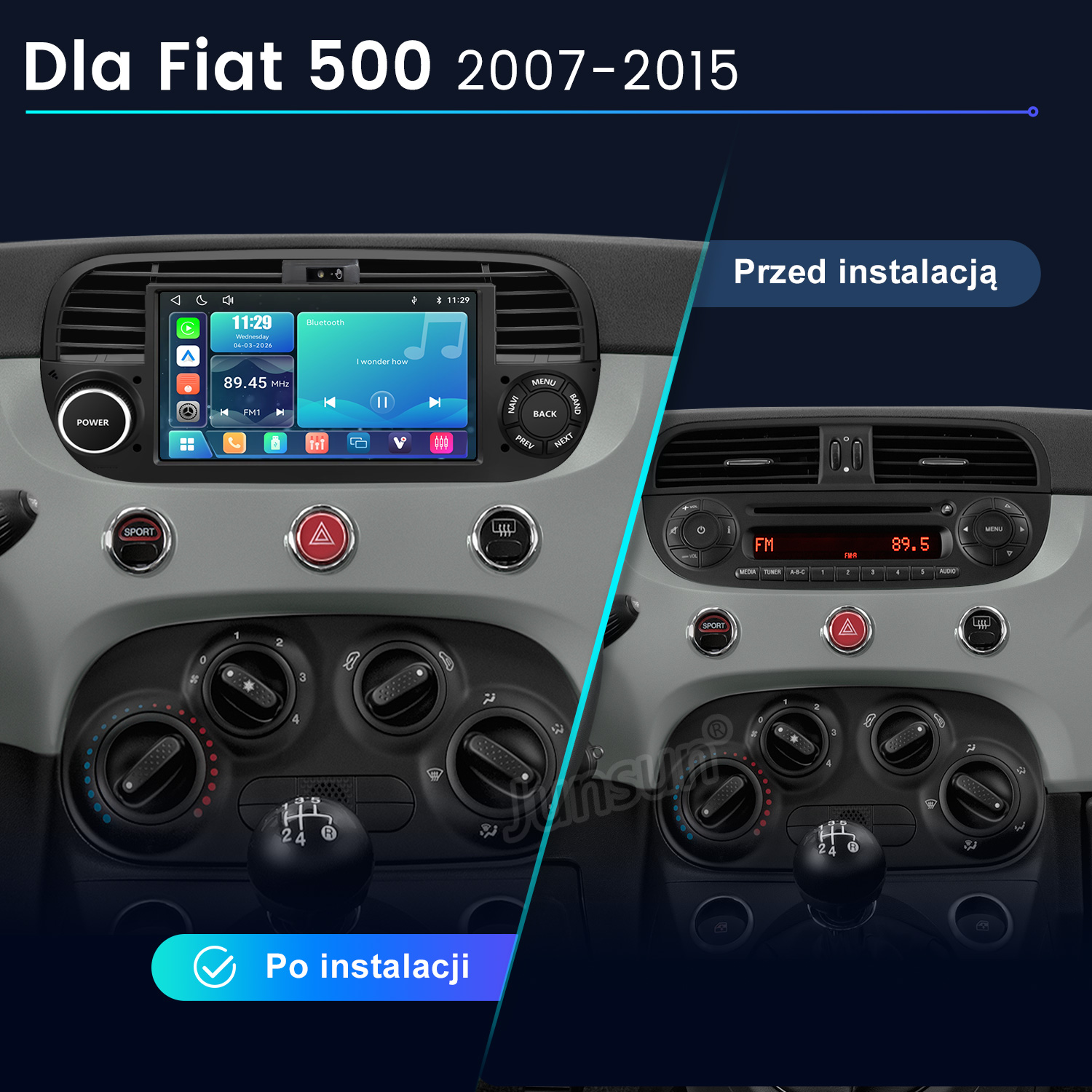 Porównanie radia samochodowego Fiat 500 2007-2015 przed i po instalacji.