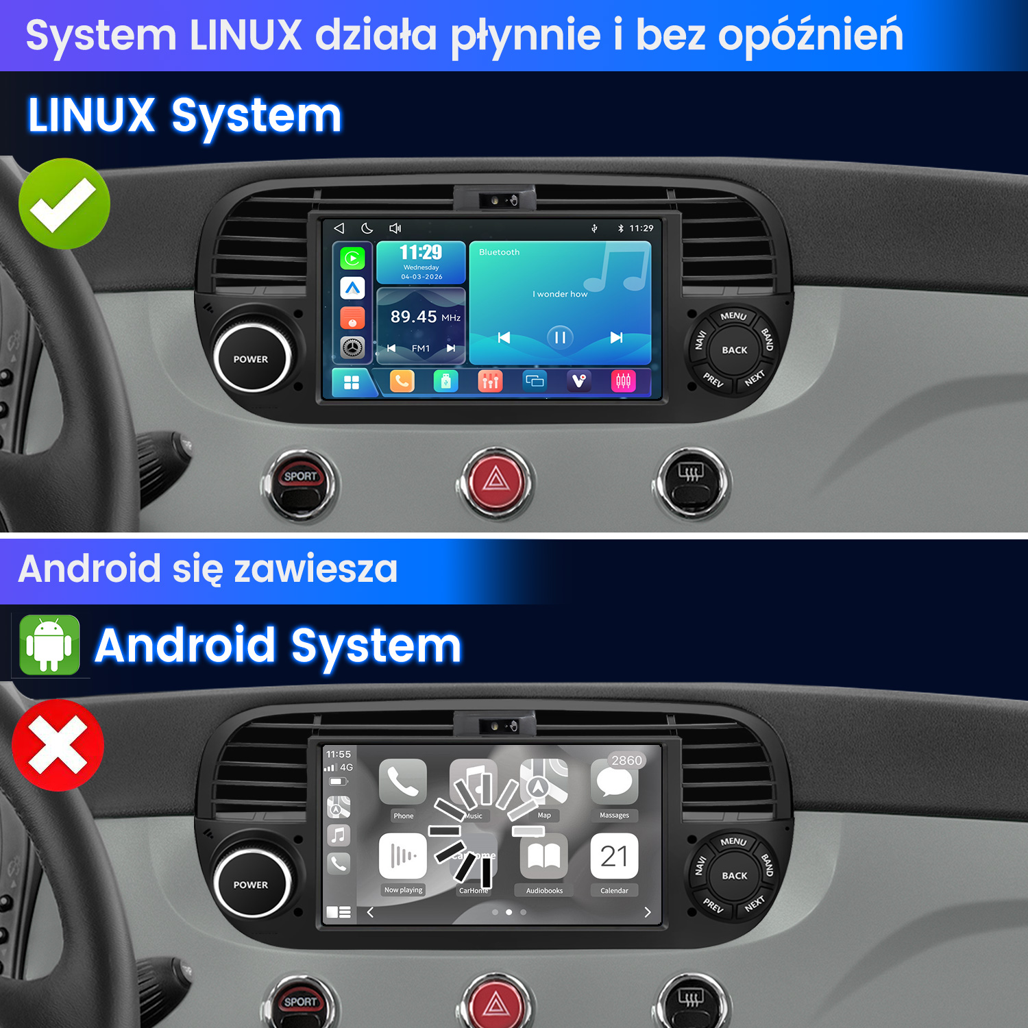 Dwa systemy infotainment w samochodzie: Góra LINUX ze znakiem "OK", dół Android ze znakiem "X".