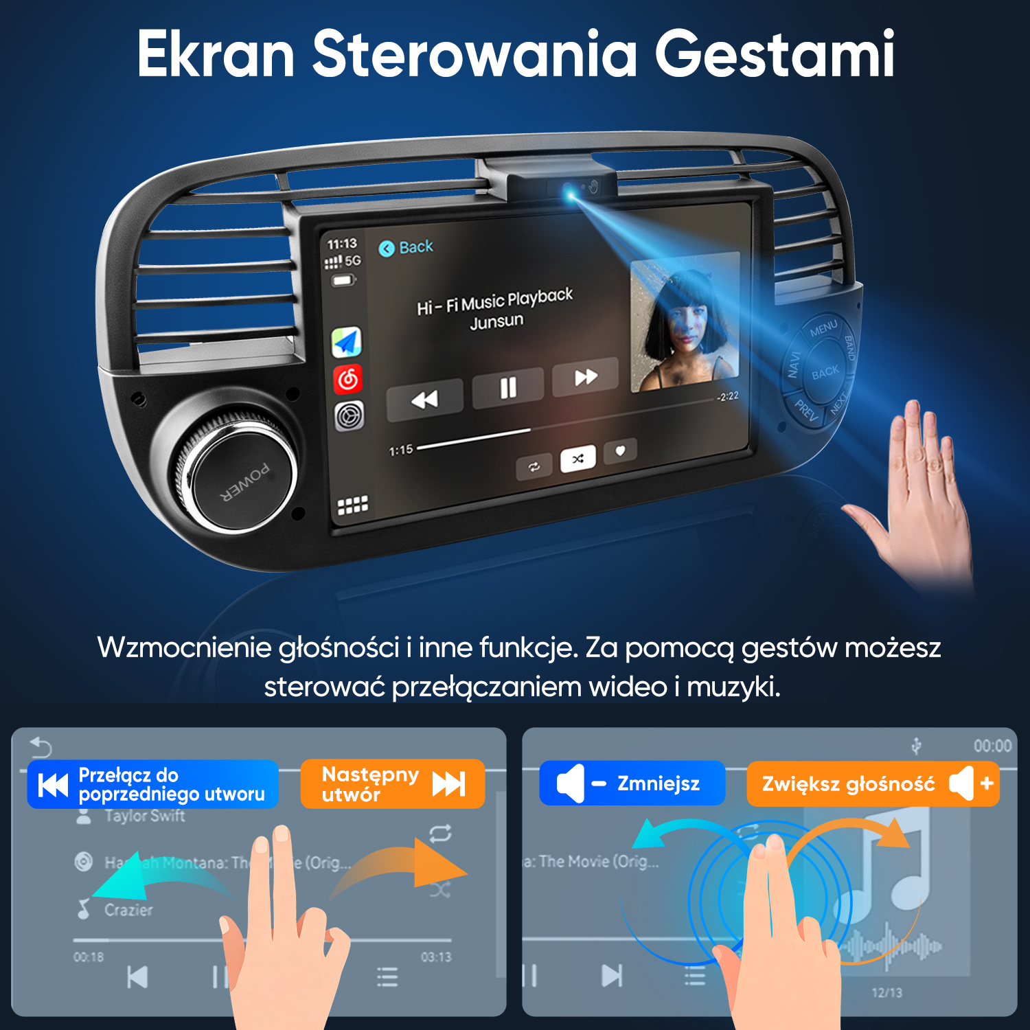 System infotainment samochodu wyświetla odtwarzanie muzyki sterowane gestami.