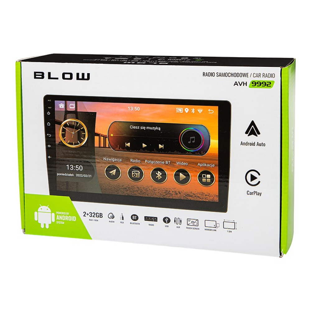 Opakowanie radia samochodowego BLOW AVH 9992 z ekranem dotykowym i ikonami Android/CarPlay.