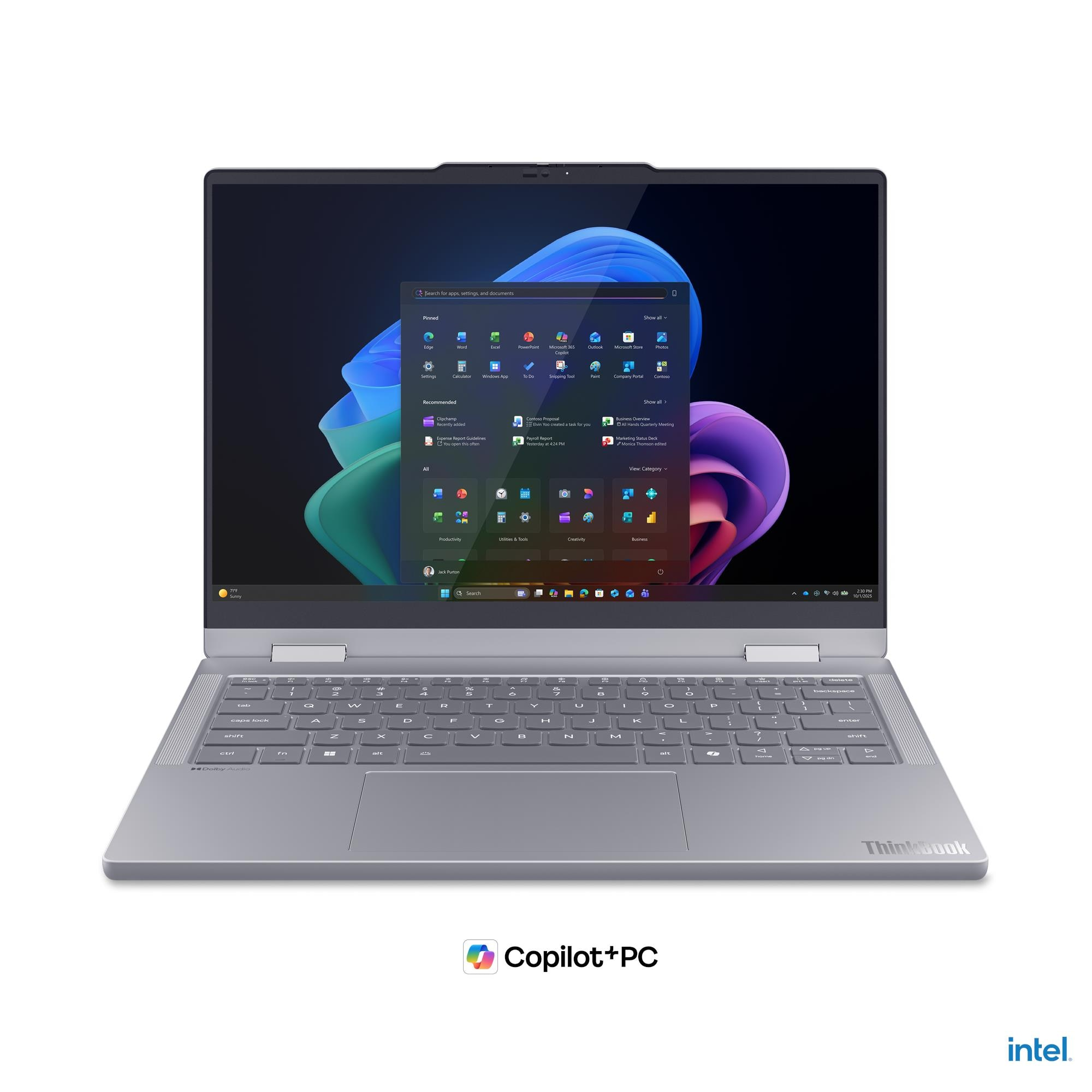 Un laptop ThinkBook grigio con il menu Start di Windows aperto, che mostra uno sfondo astratto.