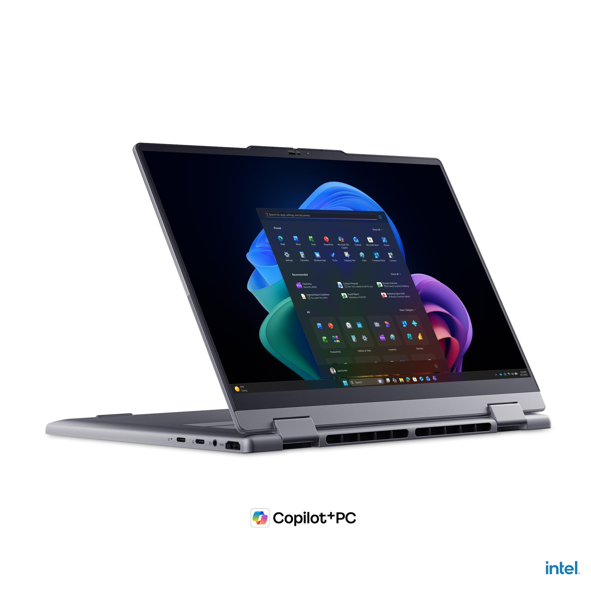 Un laptop grigio con lo schermo aperto, che mostra il menu Start di Windows.