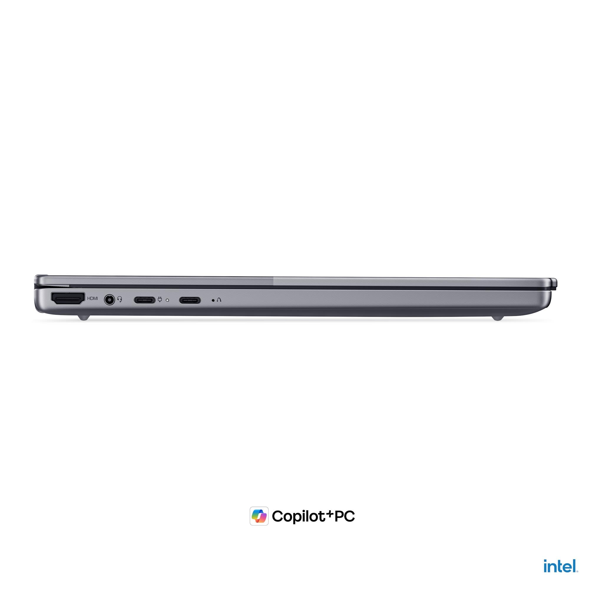 Vista laterale di un laptop grigio che mostra le porte: HDMI, cuffie, 2x USB-C, pulsante di accensione.