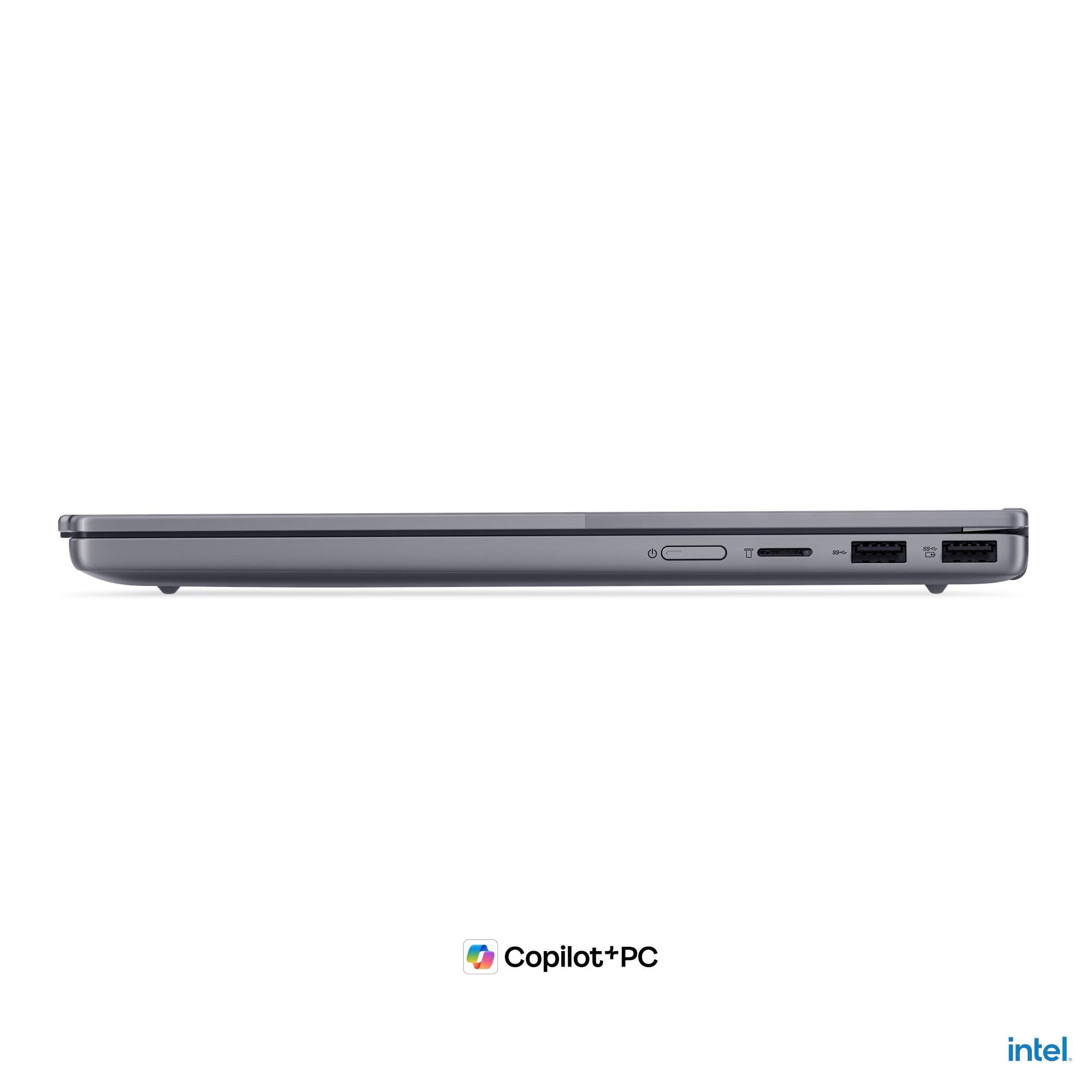Laptop grigio in profilo laterale che mostra porte: USB, lettore schede SD, alimentazione.