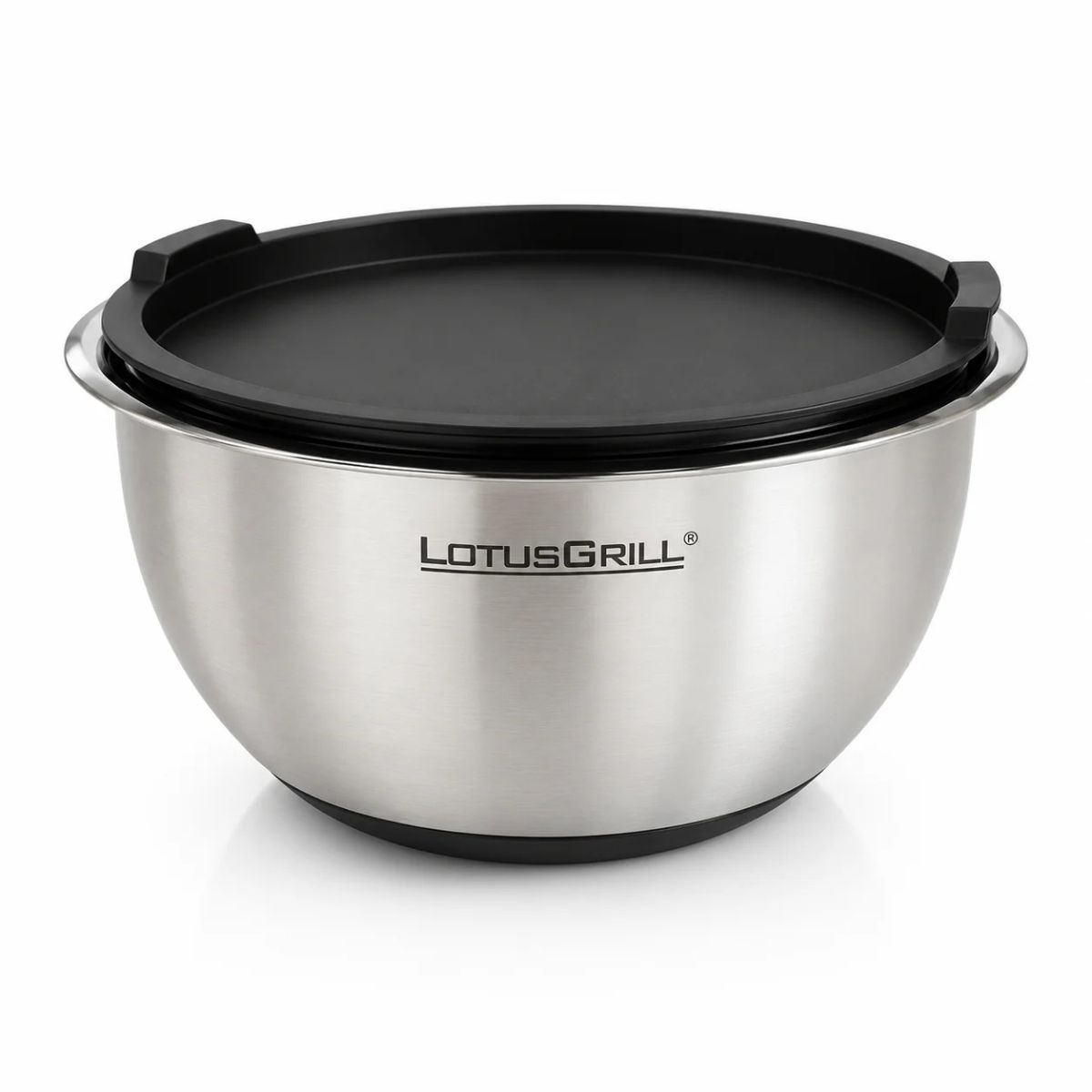 Miska ze stali nierdzewnej z czarną pokrywką i logo LotusGrill.