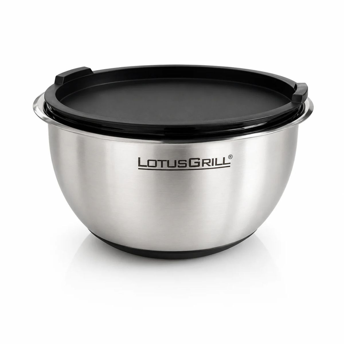 Miska ze stali nierdzewnej z czarną pokrywą i logo Lotusgrill.