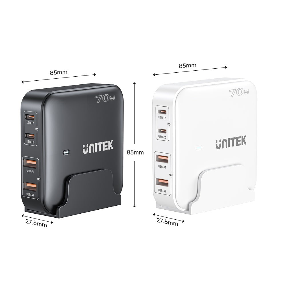 İki adet Unitek 70w şarj cihazı, siyah ve beyaz, birden fazla USB bağlantı noktası ve boyutları.