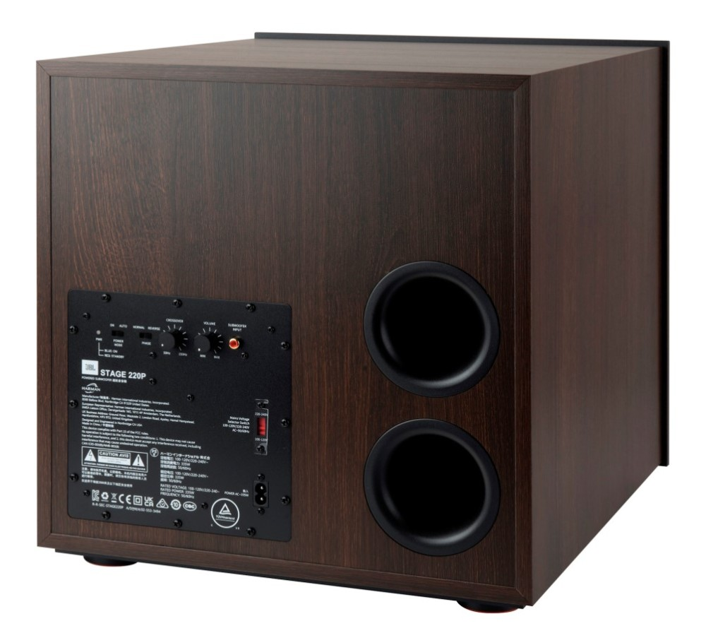 Subwoofer z ciemnego drewna z tylnym panelem sterowania i dwoma okrągłymi portami z boku.