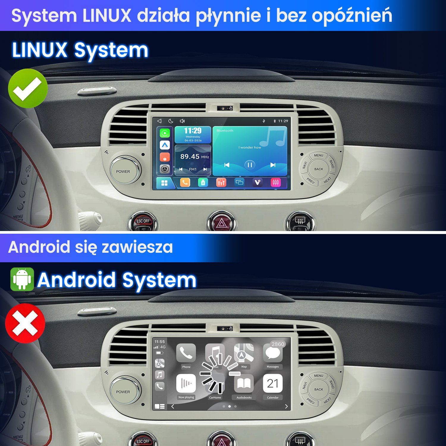 Górny obraz: System LINUX w samochodzie. Dolny obraz: ten sam system z błędem Androida.