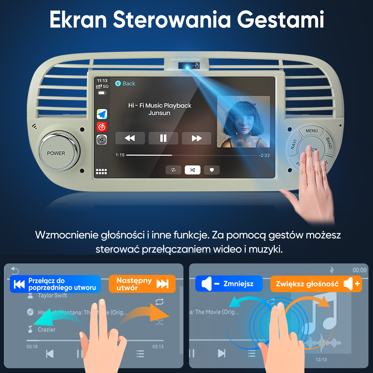 Samochodowy system informacyjno-rozrywkowy ze sterowaniem gestami do odtwarzania muzyki, pokazujący twarz kobiety na ekranie i dłonie demonstrujące gesty.