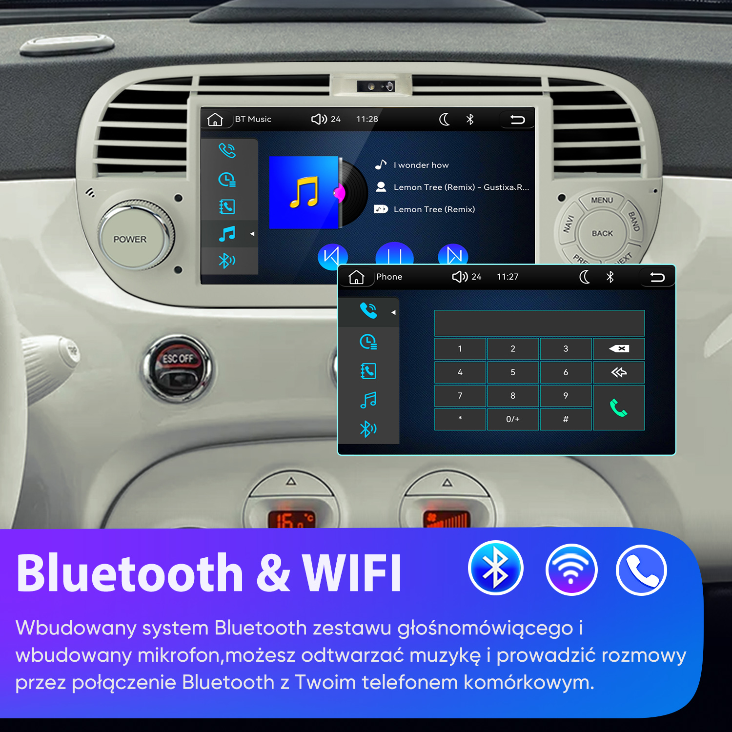 Samochodowy system infotainment wyświetlający aplikacje muzyczne i telefoniczne, z ikonami Bluetooth i WiFi.