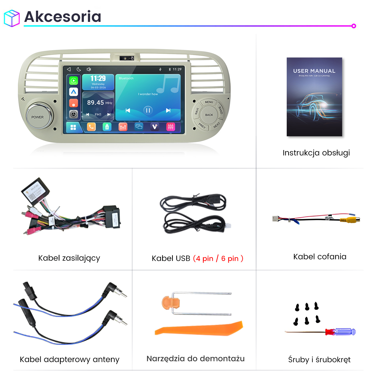 Akcesoria do radia samochodowego: kabel zasilający, USB, cofania, anteny, narzędzia.