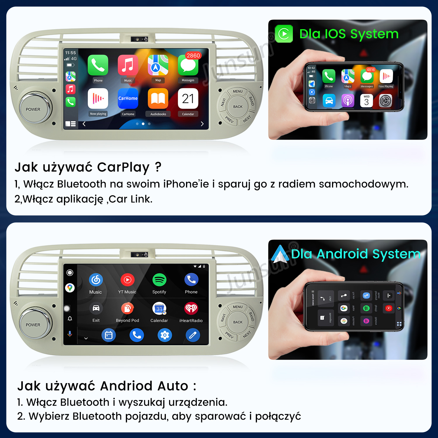 Samochodowy system informacyjno-rozrywkowy wyświetla CarPlay i Android Auto na ekranie i telefonie.