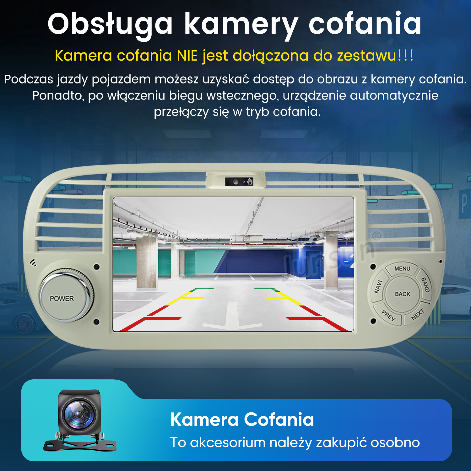 Radio samochodowe wyświetla scenę parkingu z liniami prowadzącymi i kamerą cofania.