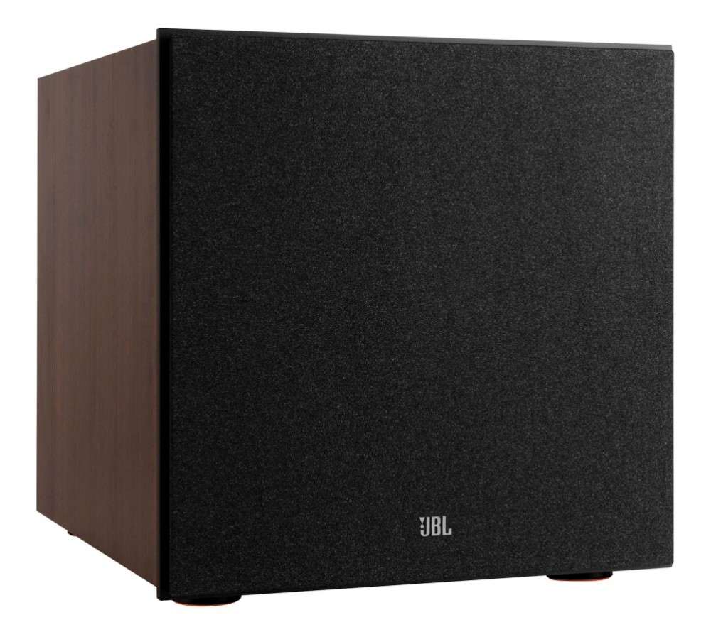 Brązowy subwoofer z czarnym frontem i logo JBL.