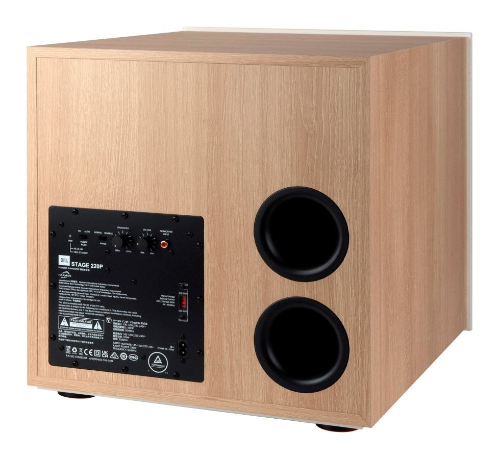 Drewniany subwoofer z dwoma okrągłymi portami bass reflex i czarnym panelem.