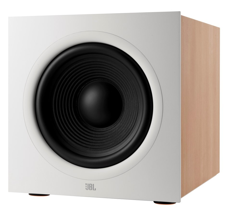 Biały subwoofer z drewnianymi bokami i czarnym głośnikiem.