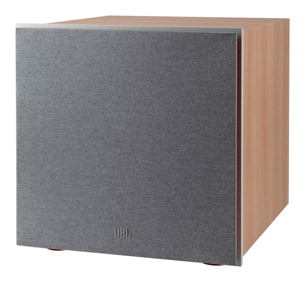 Szary subwoofer z drewnianą obudową i logo JBL.