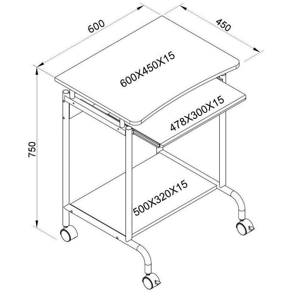 Rysunek techniczny wózka jezdnego z wymiarami: blat 600x450x15 mm.
