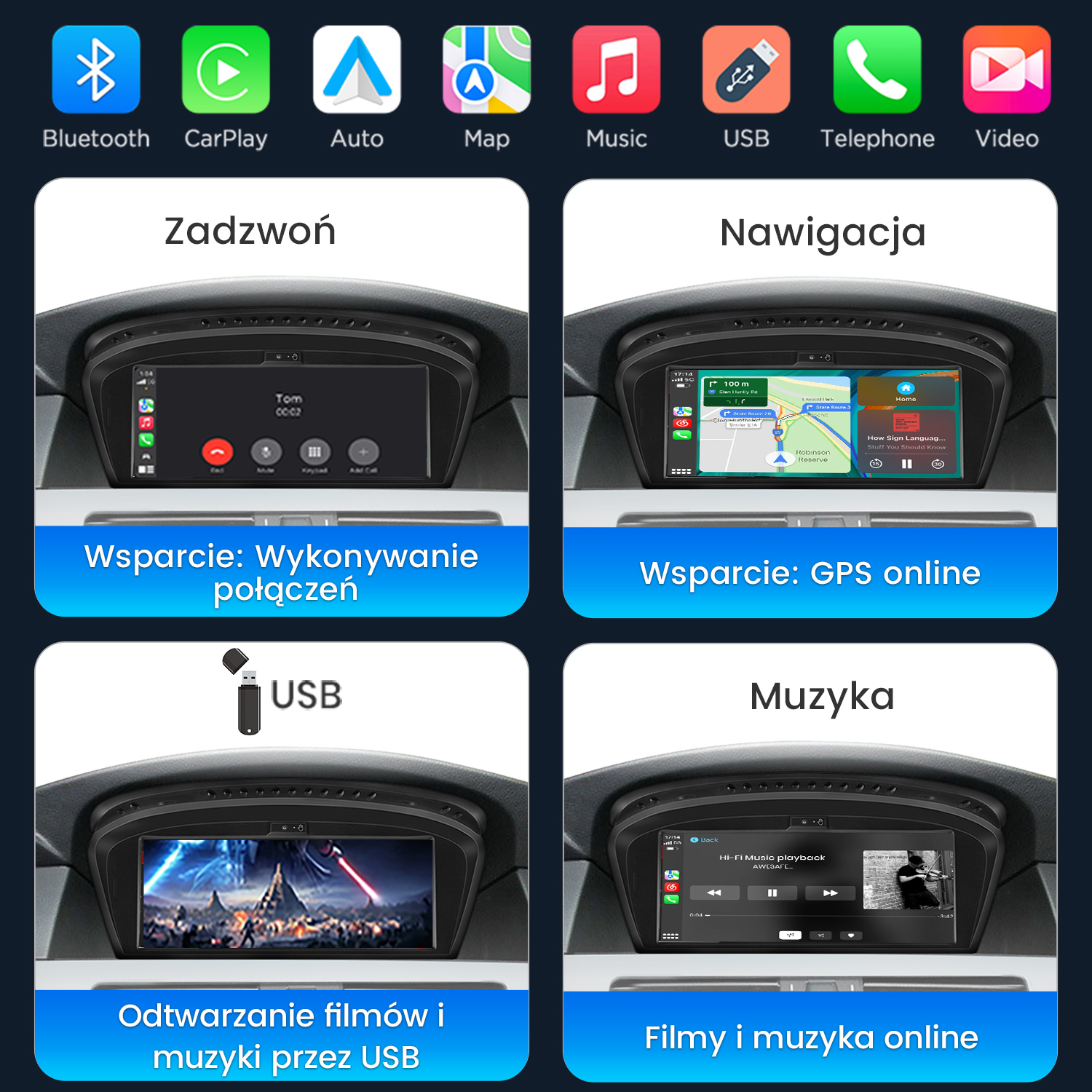 Cztery ekrany samochodowe pokazujące różne funkcje: telefon, nawigacja, odtwarzanie USB i muzyka.