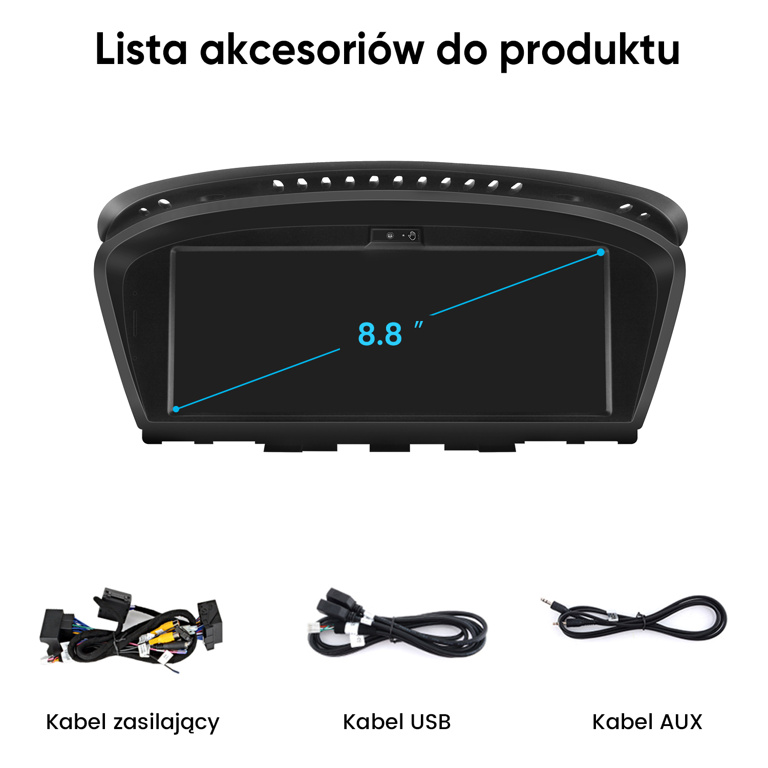 Czarny ekran samochodowy 8,8 cala z trzema kablami: zasilającym, USB i AUX.