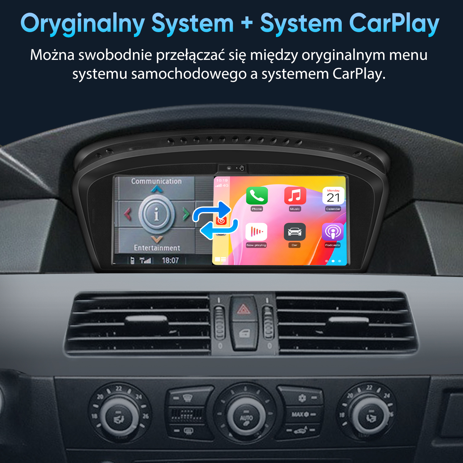 Ekran systemu multimedialnego samochodu z integracją CarPlay.