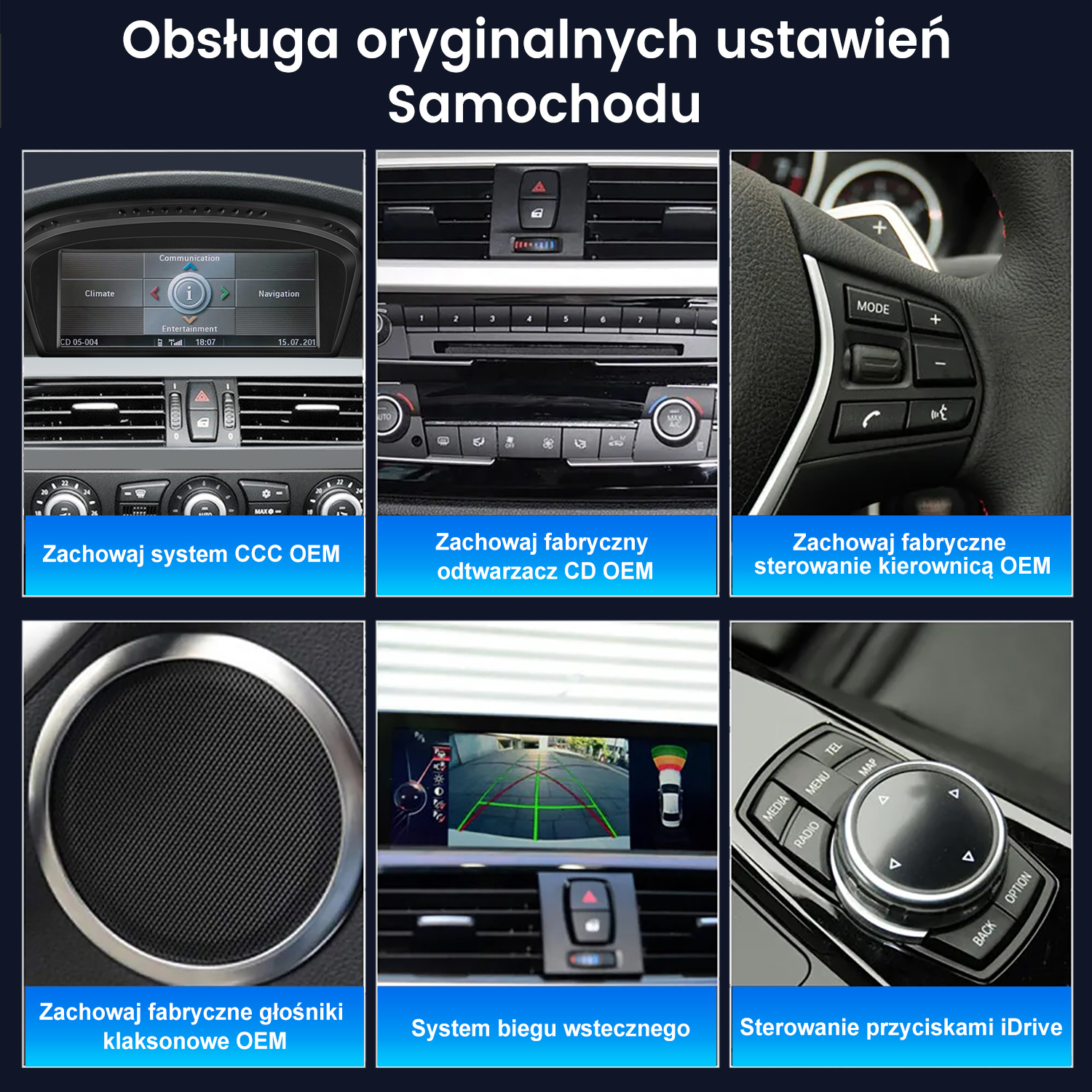 Wnętrze samochodu z ekranem, odtwarzaczem CD, kierownicą, głośnikiem, kamerą.