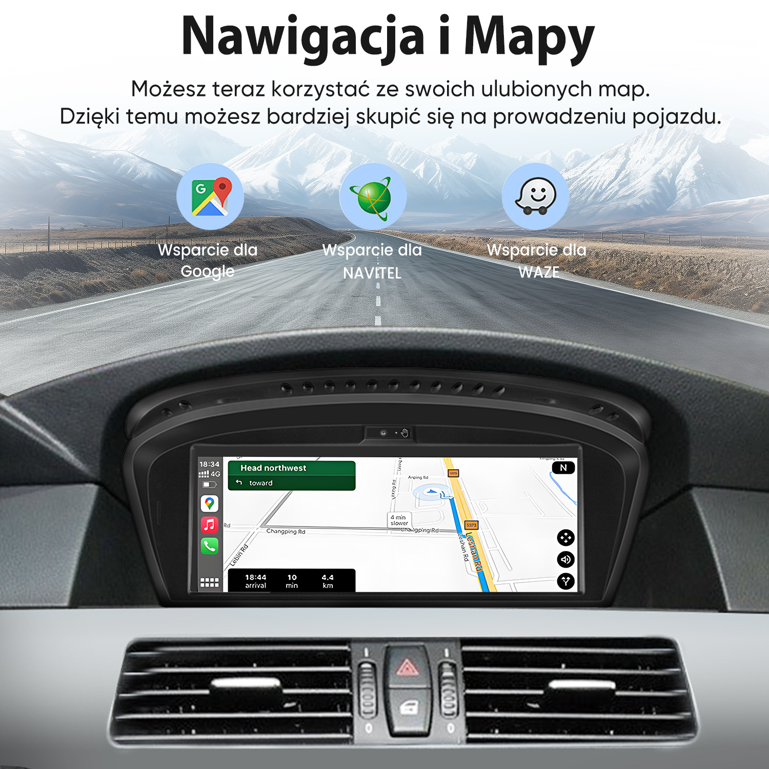System nawigacji samochodowej wyświetlający Mapy Google, obsługujący Google, Navitel i Waze.
