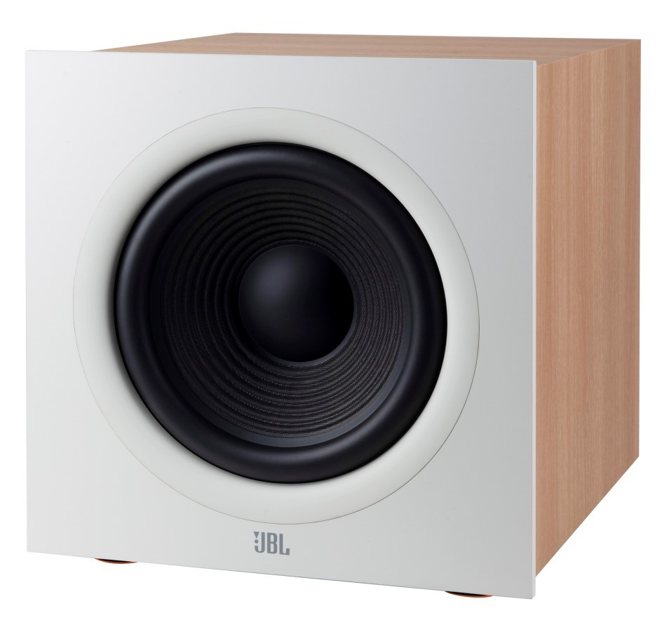 Biały subwoofer z drewnianymi bokami i czarnym głośnikiem.