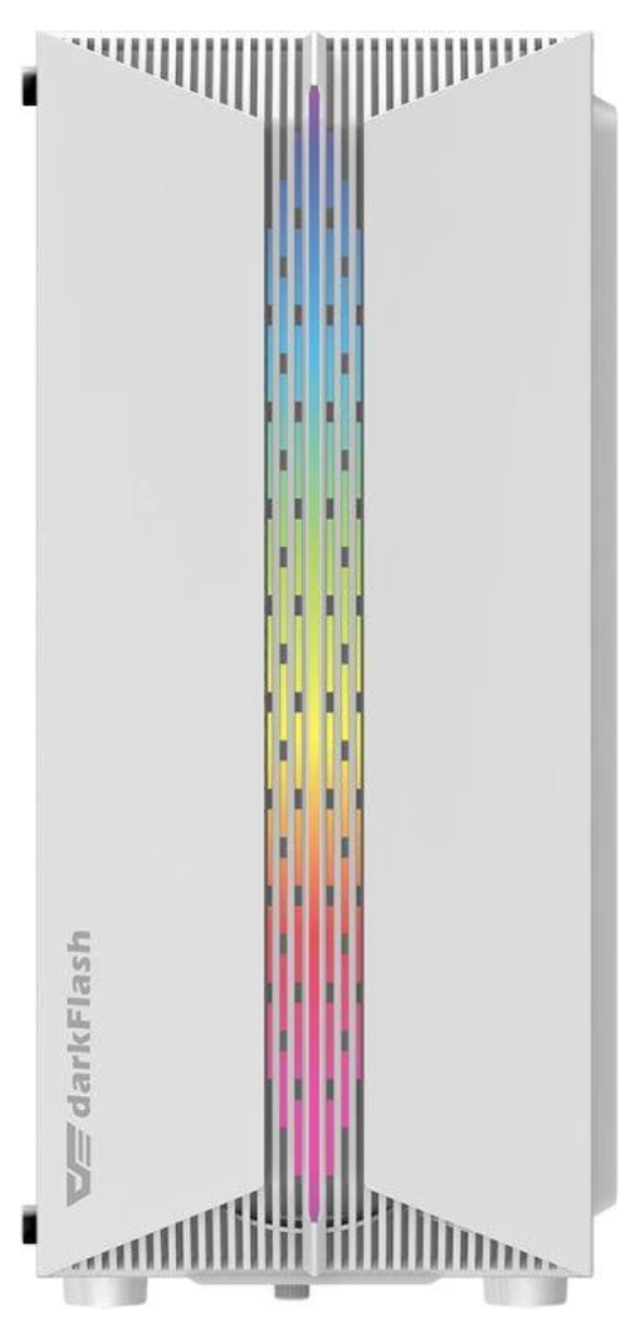 Ein weißes PC-Gehäuse mit vertikalem RGB-Streifen in der Mitte.