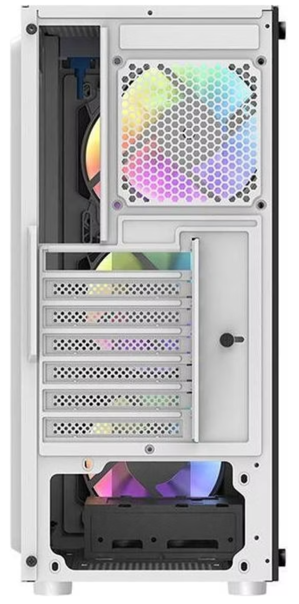 Rückansicht eines weißen Computergehäuses mit Lüftern und RGB-Beleuchtung.