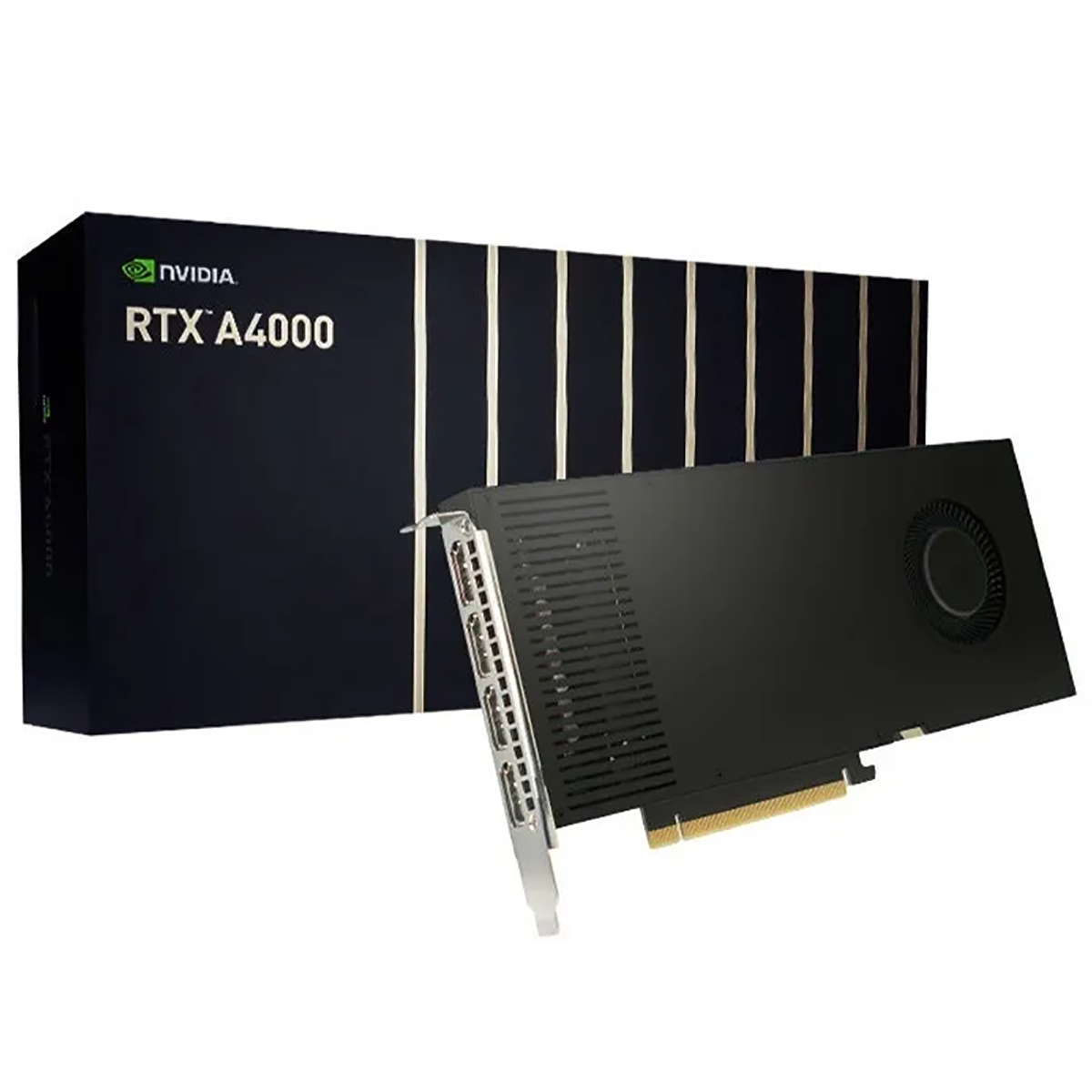 Scheda grafica NVIDIA RTX A4000 con la sua scatola nera.