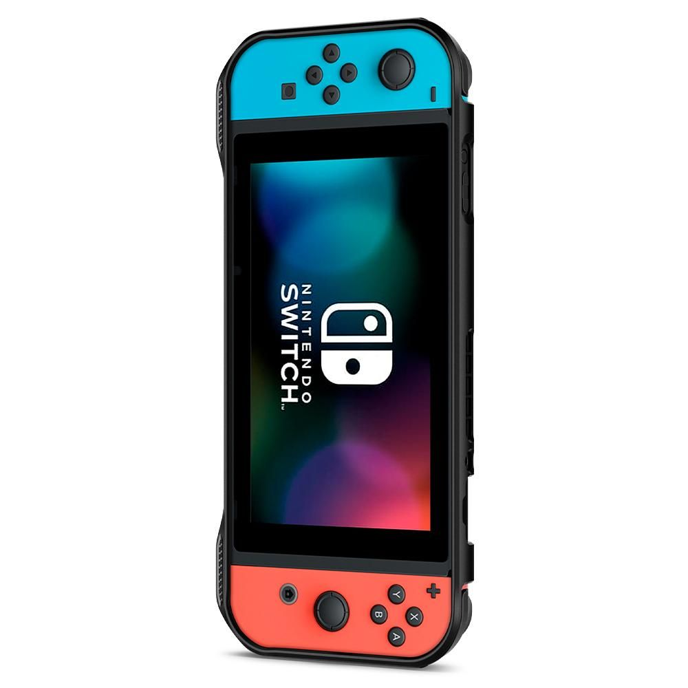 Un Nintendo Switch blu e rosso con schermo nero.