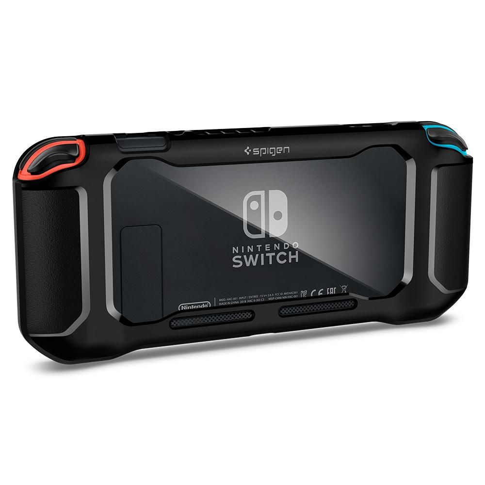 Nintendo Switch nero con accenti rossi e blu, logo Spigen.