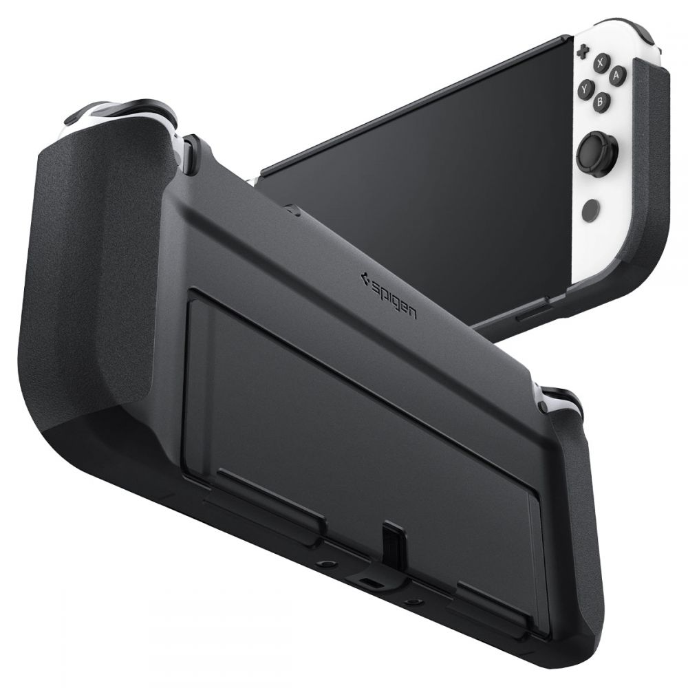 Una custodia nera Spigen per un dispositivo Nintendo Switch con controller bianco.