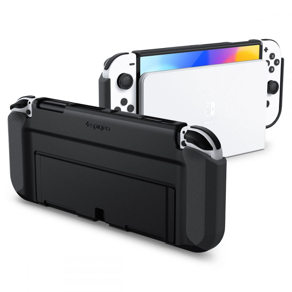 Custodia Spigen nera su Nintendo Switch bianca con schermo colorato.