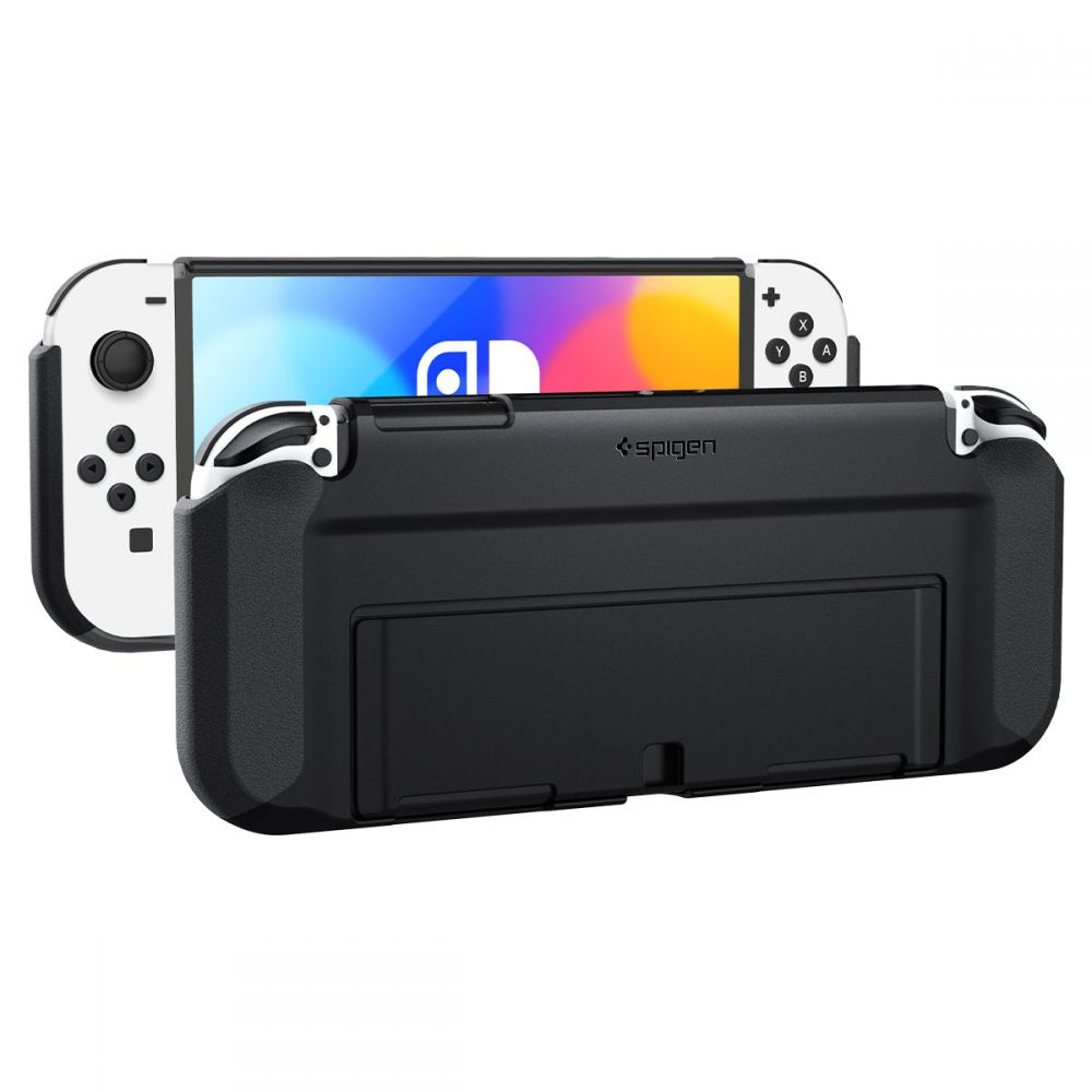 Una custodia nera Spigen davanti a una Nintendo Switch bianca.