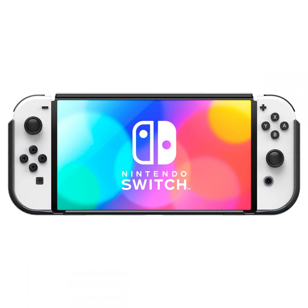 Una console Nintendo Switch bianca con Joy-Con. Lo schermo mostra il logo.