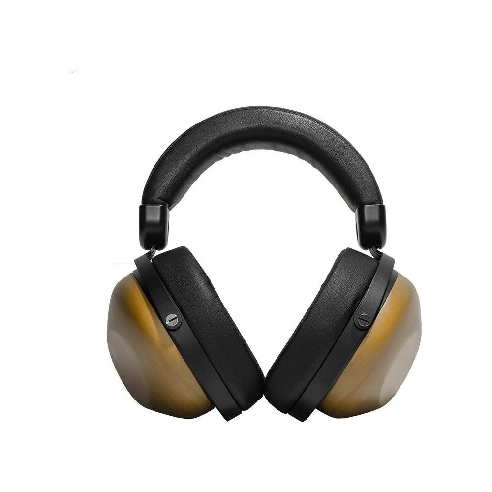 Auriculares marrones con diadema y almohadillas negras.
