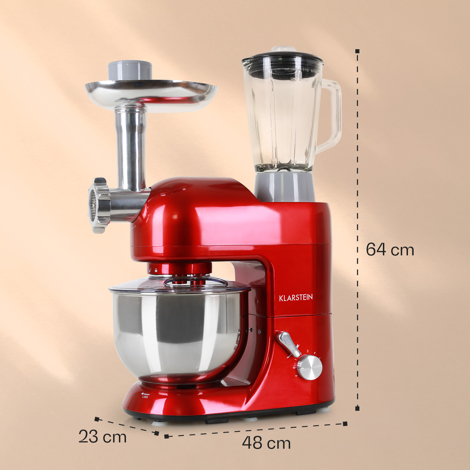 Una impastatrice Klarstein rossa lucida con tritacarne e accessorio frullatore. Dimensioni indicate.