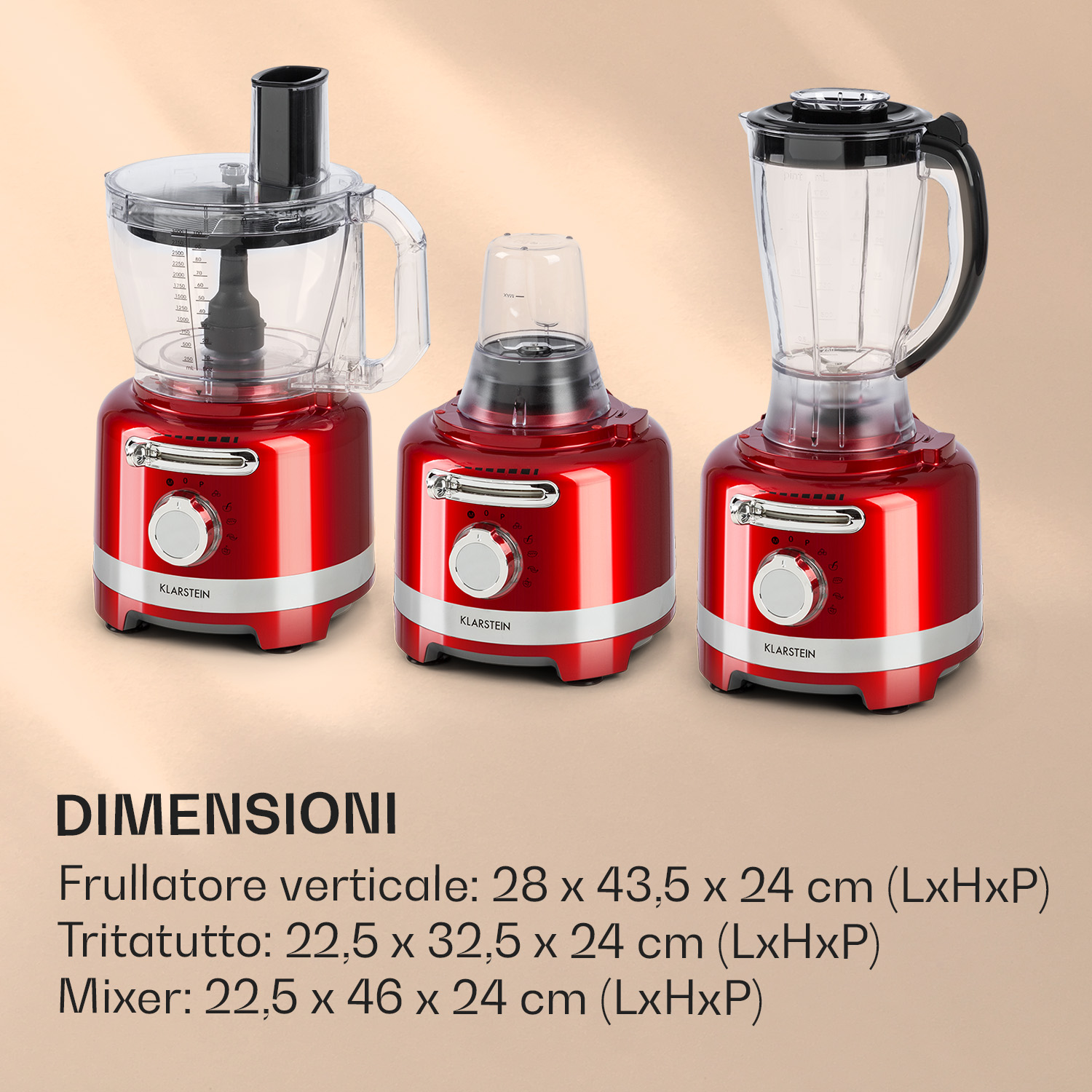 Drei rote Küchengeräte: Mixer, Zerkleinerer und Standmixer von Klarstein.