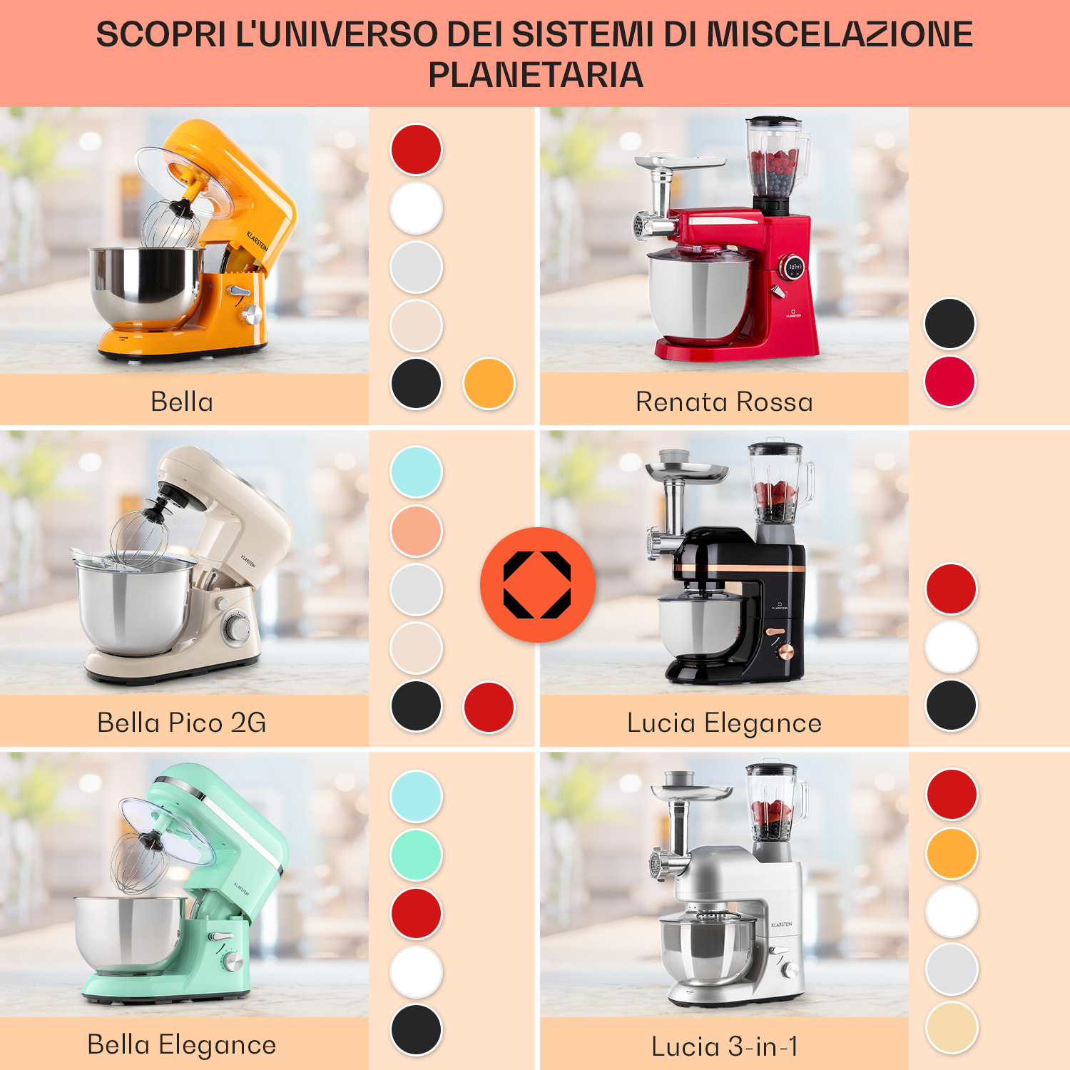 Una planetaria arancione con ciotola e frusta. Campioni di colore sono mostrati accanto.
