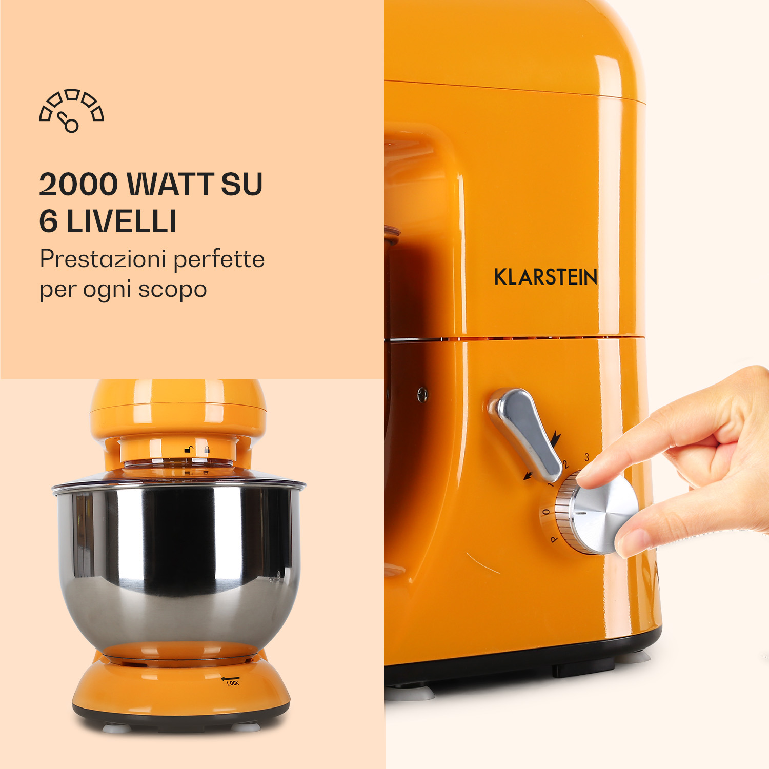 Orange Küchenmaschine mit Edelstahlschüssel und Bedienelementen.